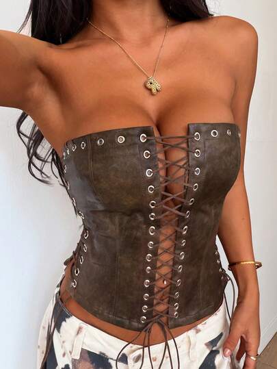 GLOpass Y2K Brown Faux Leather Lace-Up Cropped Bustier Top, Hollow Arc Hem, Metal Grommet Decor, Fitted Midriff-Baring Shirt, Suitable For Nightclub, Music Festival, Concert, Rave Party, Halloween, Date Night
