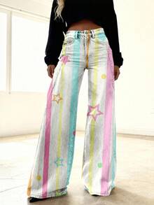 Women'S Vintage 3D Denim-Like Wide-Leg Pants - Pastel Stripes, Stars & Polka Dots Print, High-Waisted Straight Leg Trousers With Beltless Design & Button Closure, Plus Size Friendly For Fall/Winter Casual Outfits (Pink/Yellow/) - No Belt Included - 黑色 - 查看 2