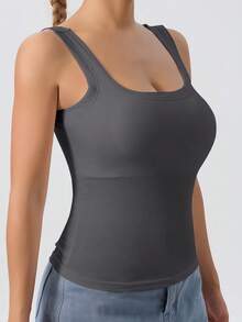 Ladies' Large U-Shaped Beautiful Back Casual Sports Vest, Women's Detachable Chest Pad, Fitted Solid Color, Worn Inside And Outside, Base Layer, Tank Vest - Màu xám đen - Xem 4