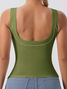 Ladies' Large U-Shaped Beautiful Back Casual Sports Vest, Women's Detachable Chest Pad, Fitted Solid Color, Worn Inside And Outside, Base Layer, Tank Vest - xanh quân đội - Xem 2