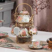 CHANJOON Tea Sets Gold Plated Red Rose Ceramic Tea Set, Vintage Teapot Tea Sets Beautiful Tea Set Coffee Serving 6 People (Golden, Medium) - Keemasan - View 4