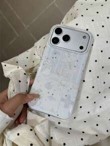 Autumn/Winter Indie Aesthetic Glitter Rabbit & Fish Illustration Phone Case Compatible With IPhone 13/13P, 14/14 Pro Max, 15, 16/16 Pro Max, 17 Pro, Cute Design - White - View 5