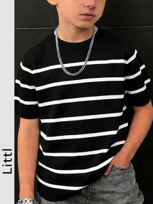 Tween Boys Casual Striped Crew Neck Short Sleeve Knit T-Shirt, Summer Top - Black - View 9