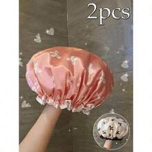2pcs Waterproof Double-Layer Bow Shower Cap, Elastic Shower Cap, Adult Kitchen Oil-Proof Cap, Bathroom Hair Drying Cap, Elastic And Adjustable, Suitable For Face Washing, Drying Hair, Makeup, Cooking, Shampooing 1pc Home Bathroom Decor Fall Decor Back To School - Multicolor - View 1