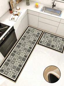 3.5mm Thick Soft Rubber Linen Kitchen Mat, Moroccan Tile Style Absorbent Kitchen Rug, Edged Carpet To Prevent Peeling, Water-Absorbing And Easy To Clean Mat, Linen Surface With Sponge Middle And Rubber Bottom, Suitable For Kitchen, Bathroom, Laundry Room, Hallway, Living Room And Other Occasions - Multicolor - View 10