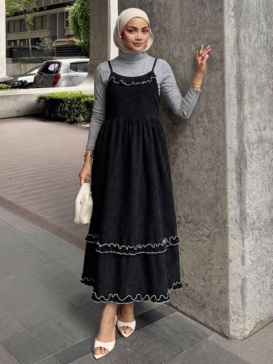 DAZY Women's Spaghetti Strap Contrast Color Wavy Macrame Frill Trim Loose A-Line Flowy Robe, Sweet Casual Style - Black - View 1