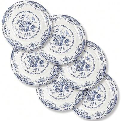 Salad Plates, Ceramic Plates Set Of 6, Kitchen Plates Microwave , 8.5 Inch White Plate Dessert Blue Floral