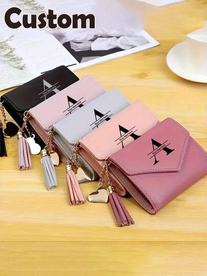 Personalized Custom Letter Women'S Wallet, Tassel Leather Wallet, Elegant Clutch Bag, Multi-Card Slot Wallet With Charm Decoration, Personalized Card Holder, Ideal Gift For Valentine'S Day, Birthday, Mother'S Day, Anniversary, Customized Birthday Gift, And Everyday Wallet.