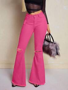 Pantalón acampanado rosa neón con diseño roto y corte acampanado atrevido y juvenil, adecuado para mujer Ropa de mujer de moda cintura alta, temperamento americano, diseño de personalidad, rodillas rotas, pelo rizado, pantalones vaqueros de campana, pantalones ajustados elásticos, pantalones delgados - Rosa Fucsia - Ver 6