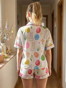 Women's Easter Pajamas 2 Piece Outfits Rabbit Egg Print Button Up Short Sleeve Lapel Tops And Shorts Lounge Wear Set - Color - View 6