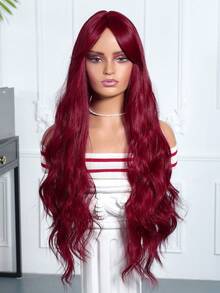 28英寸合成假发，酒红色长卷发带刘海，蓬松波浪全头假发，适合日常佩戴、派对和节日穿着。 - 酒紅色 - 查看 3