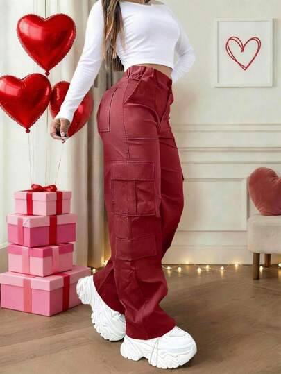 Burgundy Multi-Pocket Buttoned Casual Y2K Leisure Elegant And Cute Work Pants. Suitable For Back-To-School, Clubs, Birthday Parties, Valentine's Day, Halloween, New Year, Thanksgiving, Concerts, Gyms, Beaches, Vacations, Business, Daily Airport Wear, Street Style, Teacher's Day, Spring, Summer, Autumn And Winter.