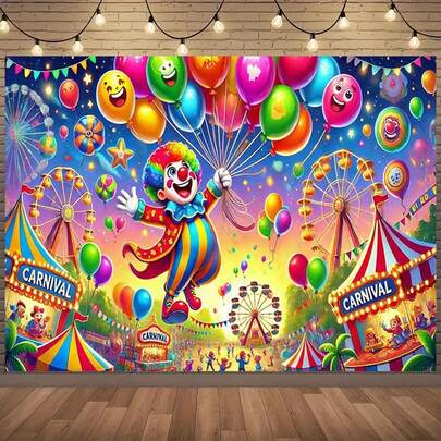 1 pieza Telón de fondo de pared colgante de tela con globo feliz de payaso de dibujos animados para carnaval, utilería para estudio fotográfico y habitación - Decoración de bandera interior multifuncional, adecuada para decoración del hogar, fiestas, estudios, hogar y jardín y celebraciones al aire libre. Disponible en múltiples tamaños