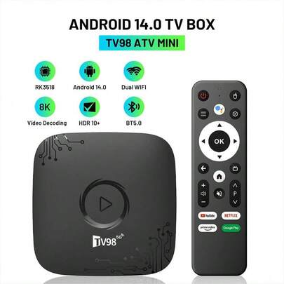 Đầu thu truyền hình thông minh Android 14, đầu thu truyền hình thông minh Android đích thực, trang bị bộ xử lý lõi tứ RK3518 4K, WiFi 6 kép, Bluetooth 5, điều khiển từ xa bằng giọng nói, RAM 2GB và bộ nhớ trong 16GB, thiết bị phát trực tuyến, phụ kiện thời trang, thiết bị hiệu năng cao.