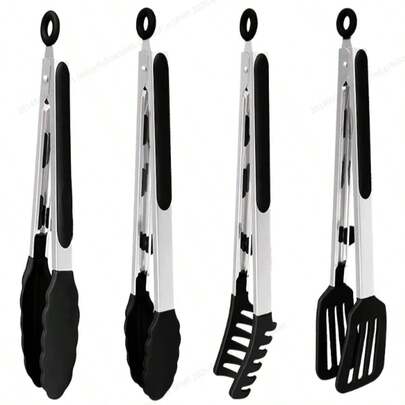 7/9/12 Inch Silicone Kitchen Tongs, Heat Resistant Non-Stick Silicone Heads, Stainless Steel Handles For Cooking, Baking, Grilling, Salad, BBQ, Frying, Serving, Black