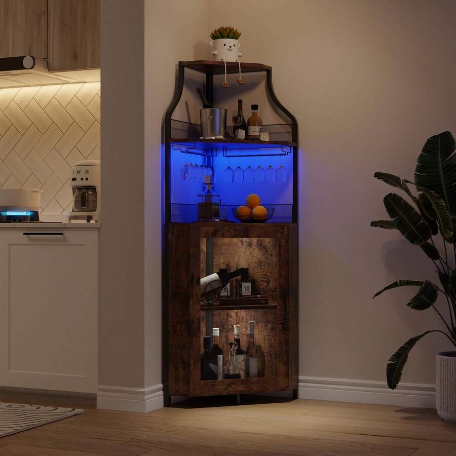 clóset de Esquina para licores con estantes Ajustables, clóset de Barra Industrial de 61 Pulgadas, no Empotrado con Puerta de Malla y Soporte de Vidrio para Cocina, Color café rústico - Marrón - con luces - Ver 1