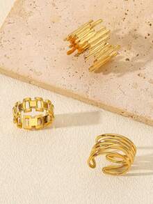3pcs Gold-Tone Stainless Steel Multi-Layer Bar Rings Set, Exaggerated Fashion, Suitable For Women's Daily Decoration Or Gift - Yellow Gold - View 3