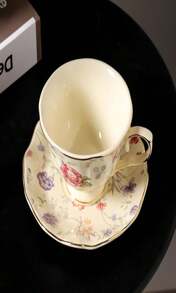 PICORLANE 8 Oz Vintage Flower Ceramic Cup And 6" Saucer Set With Brand Customized Stainless Steel Spoon Gifts For Afternoon Tea Coffee Hour (E) - MàuD - Xem 5