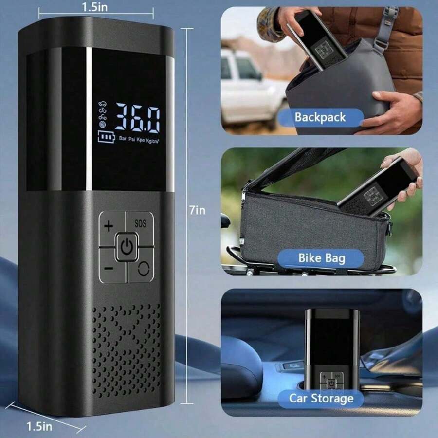 SUITU 便携式无线迷你自行车充气泵，带数字双显示，150 Psi 轮胎充气泵，带 LED 灯和压力表，适用于汽车、摩托车、自行车、球类等，汽车配件/必备汽车配件（配备 7.4V 2000mAh 锂离子电池。使用前充电 2-3 小时） - 無線款 - 查看 1