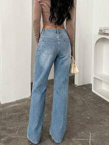 Quần jeans ống loe cạp thấp cho nữ, màu trơn, kiểu dáng tối giản, ôm sát, ống loe, chất liệu denim co giãn, đa năng. - Rửa nhẹ - Xem 5