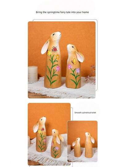 复活节木雕兔子套装，北欧风格家居户外花园装饰树脂工艺品
