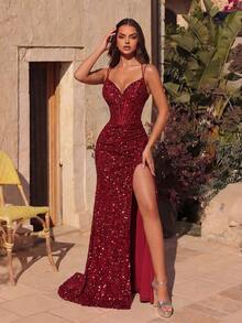 ADYCE Đầm dài dự tiệc nữ dây mảnh cổ chữ V sâu xẻ tà trước hở lưng thắt nơ, thích hợp cho các buổi tiệc tùng, dạ hội, tiệc tối trang trọng, dự đám cưới, lễ tốt nghiệp, thanh lịch và trang trọng, đầm dự tiệc Giáng sinh, trang phục Lễ Tạ ơn. - Màu Đỏ Sâu - Xem 6