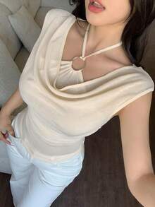 abyoxi 女士米色/杏色金属环扣吊带衬衫，三种穿法（露肩/垂领/不对称领），褶皱腰身修身款，时尚休闲性感，适合办公室、日常、约会、情人节等场合，弹力雪纺面料，春夏款 - 米色 - 查看 1