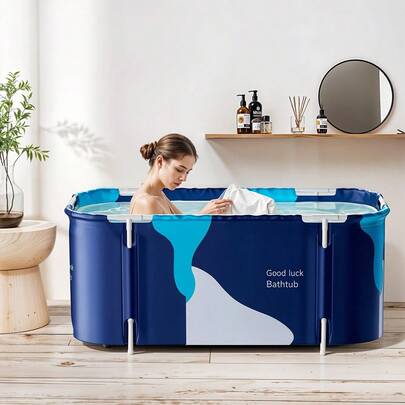 LIVINGANDHOME Blue Foldable Soaking Bathtub Spacious Interior Stable Frame Water Injection Cushion Indoor Outdoor Bath