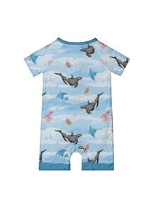 Baby Bamboo Fiber Zip-Up, Dolphin Octopus Underwater World Blue Print Short Sleeve Romper, Summer Knit Fabric Skinny Fit With Zipper Detail,  Baby Girl Clothes, Perfect For Outdoor - 淺藍色 - 查看 2