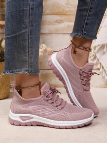 2026 Novo Lançamento Sapatos Esportivos Casuais de Moda Feminina em Tecido Sólido com Cadarço, Confortáveis, Respiráveis, Antiderrapantes e Duráveis, Modelo Baixo com Cadarço e Logotipo Lateral com Design de Escama de Peixe, Adequado para Uso Interno e Externo, Opções de Várias Cores, Presente Ideal para Mulheres em Todas as Estações - Rosa chiclete - Visão 4