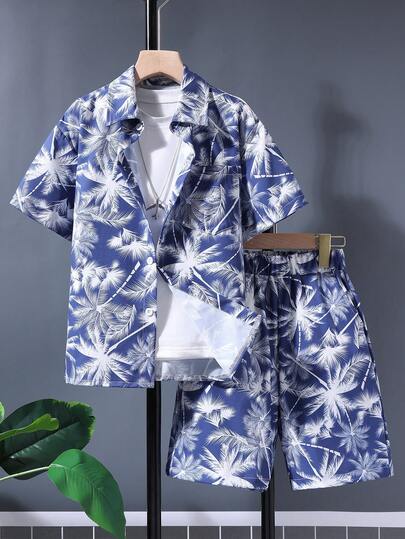 男童户外沙滩度假棕榈叶印花衬衫短裤两件套，夏季
