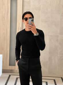 Men's Sweater, Long Sleeve, Ribbed Cotton, ESSENTIAL, Round Neck - 黑色 - 查看 5