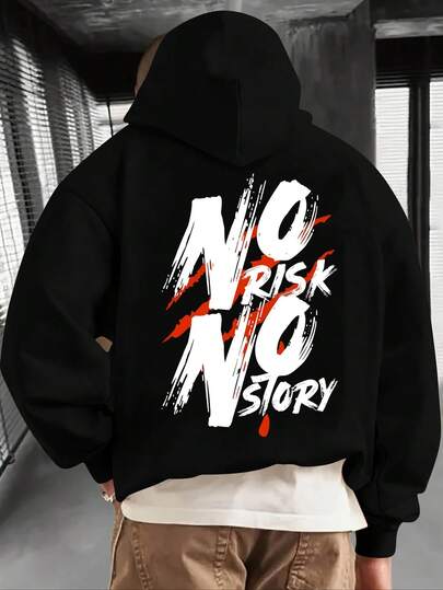 Sudadera con capucha motivacional para hombres "No Risk No Story" - Sudadera de estilo urbano de 300gsm, impresión de letras blancas, sudadera casual negra, adecuada para otoño/invierno, ajuste cómodo para todas las estaciones, idea de regalo moderna para hombres, diseño de impresión digital duradero, ropa de invierno