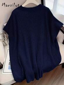 Plus Size European & American Style Comfortable Elegant Solid Color Sleeveless Knit Top- Fashionable Autumn/Winter - Navy Blue - View 4