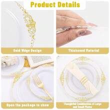 102PCS White And Gold Plastic Plates - Heavy Duty Gold Disposable Plates Include 51PCS 7.5inch Dessert Plates, 51PCS 10.25inch Dinner Plates For Wedding & Parties - 金色 - 查看 10