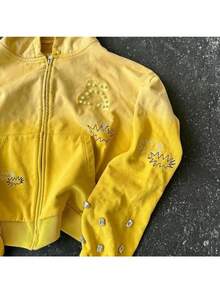 New Men's And Women's Hip-Hop Sweatshirt Cardigan Zipper Long-Sleeved Top Diamond Craft Outer Jacket - 黃色 - 查看 5