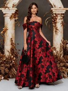Women's Elegant Off-Shoulder Sleeveless Dress, Black And Red Floral Pattern, Slit Design, Showcasing Graceful Elegance - Red - View 4