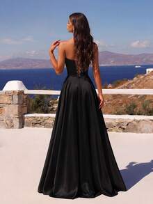 亮片心形领口网眼拼接高腰长腰带开衩下摆礼服，适合舞会、聚会、晚会 - 黑色 - 查看 2