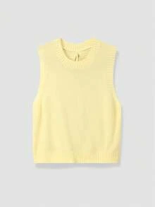 Spring And Summer New Round Neck Solid Color Simple Back Neck Bow Tie Tie Knitted Yellow Tops For Women With Wide Backless Design Sweater Vest - Yellow - View 7