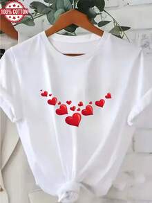 1PC 100% Cotton Hearts Print Womens Crewneck Tshirt, Perfect for Daily Wear, Ideal Festival Gift, Birthday Present, Casual Everyday Top - Blanco - Ver 1