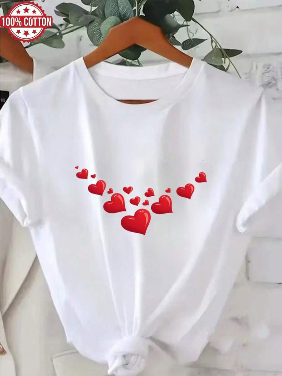 1PC 100% Cotton Hearts Print Womens Crewneck Tshirt, Perfect for Daily Wear, Ideal Festival Gift, Birthday Present, Casual Everyday Top - Blanco - Ver 1