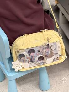 1pc Japanese Style New Original Casual Fashion Sweet Cute College Large Capacity Starry Sky Bowling Bag, Soft Lightweight Canvas Transparent Badge Grain Bag, Women Daily Commute Party Shoulder Crossbody Bag - Multicolor - View 10