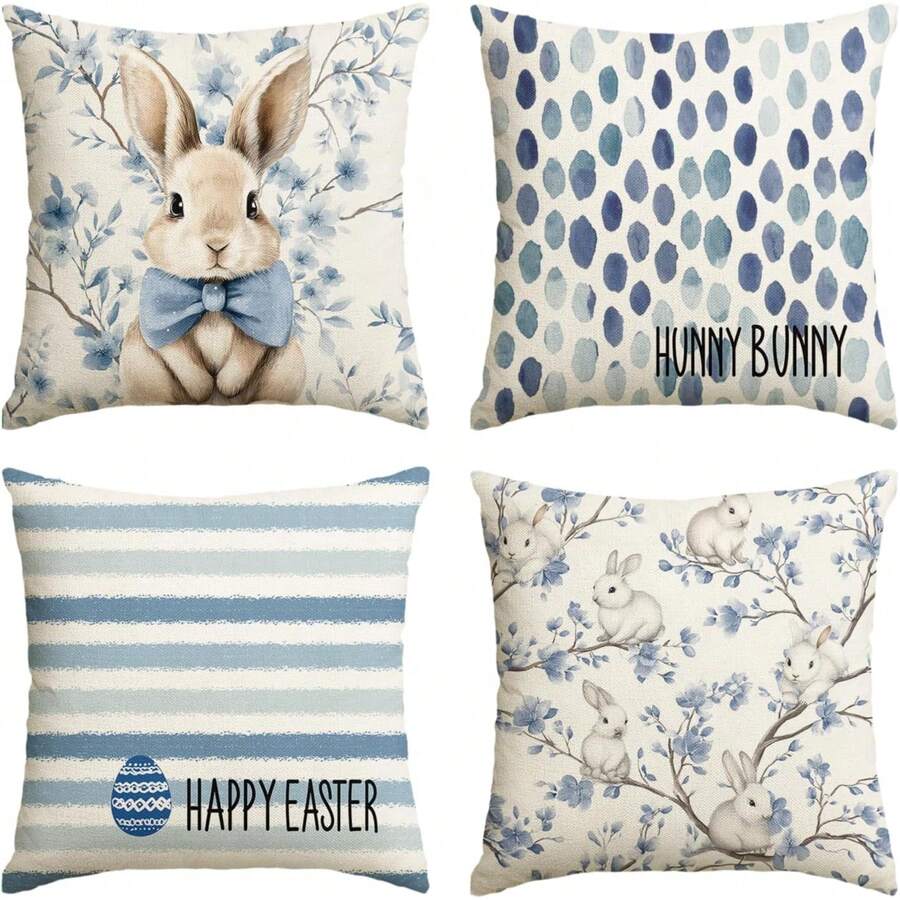 4PCS Happy Easter Dear Bunny Blue Pillowcase, Patterned Striped Polka Dot Sofa Cushion Cover, Single-Sided, Pillow Not Included - Dusty Blue - View 1