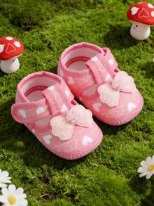 1 Pair Pink Heart Print Baby Walking Shoes Soft Sole First Walkers With Pompom Bow Decor Easy On/Off Hook & Loop Straps Breathable Cutout Design For Indoor Outdoor Use - Pink - View 6