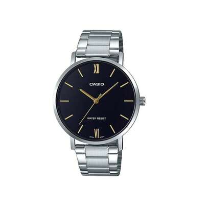  Casio Men's Minimalist Quartz Watch, Black Dial With Gold Accents, Stainless Steel Strap, Mineral Glass Mirror, Water Resistant Casual Dress Wristwatch