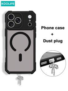 Koolife 1件装磁吸式亲肤保护手机壳，精准开孔，气垫防摔，兼容 17 Pro Max/17/17 Pro/17 Air/14/14 Pro/14 Pro Max/15/15 Plus/15 Pro/15 Pro Max/16/16 Plus/16 Pro/16 Pro Max/16e，磨砂全包 - 黑色+閃鑽蝴蝶結防塵塞 - 查看 1