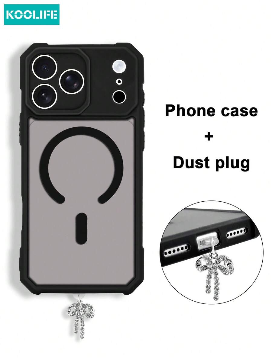 Koolife 1件装磁吸式亲肤保护手机壳，精准开孔，气垫防摔，兼容 17 Pro Max/17/17 Pro/17 Air/14/14 Pro/14 Pro Max/15/15 Plus/15 Pro/15 Pro Max/16/16 Plus/16 Pro/16 Pro Max/16e，磨砂全包 - 黑色+閃鑽蝴蝶結防塵塞 - 查看 1