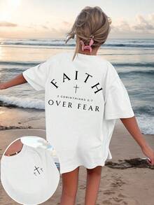 "Faith Over Fear" Summer Tops - Women's Bible Verse T-Shirt, Regular Fit, Christian Inspirational Graphic Tee, Comfortable, Casual Short Sleeve Tops 2026, Stylish Summer Clothing With Scoop Neck. - White - View 7