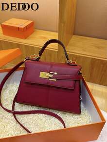新款梯形PU皮女士手提包，高端百搭单肩包，时尚小众托特包，通勤包 - 酒紅色 - 查看 3