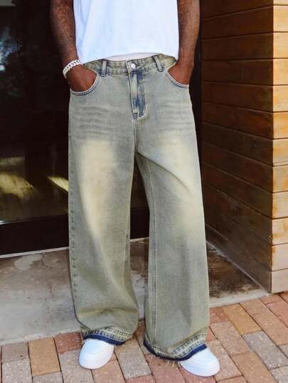 男士复古宽松阔腿牛仔裤，破洞毛边裤脚，休闲街头风，适合所有季节